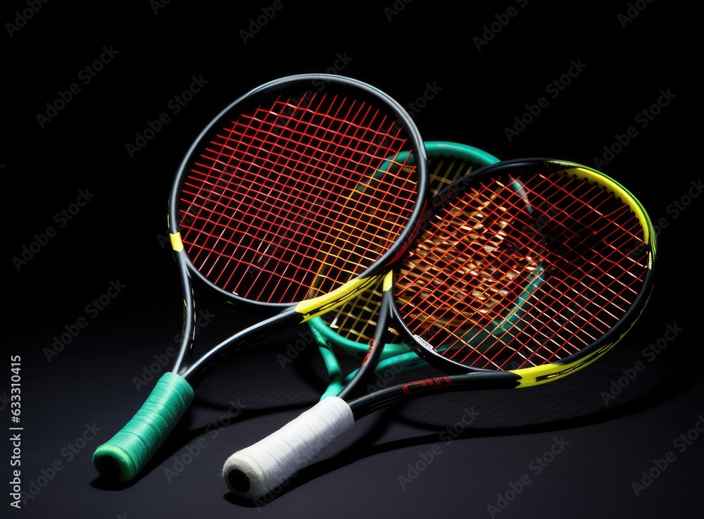 Yellow tennis ball and racket lie on the clay court close up. Created with Generative AI technology.