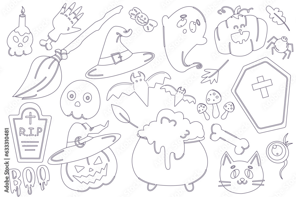 Happy Halloween set. Vector cute mascot set of pumpkin head, black cat, ghost, eye, bat, zombie hand, spider, witch hat, witch broom, skulls, potion cauldron. Happy Halloween set. Vector cute mascot set of pumpkin head, black cat, ghost, eye, bat, zombie hand, spider, witch hat, witch broom, skulls, potion cauldron.