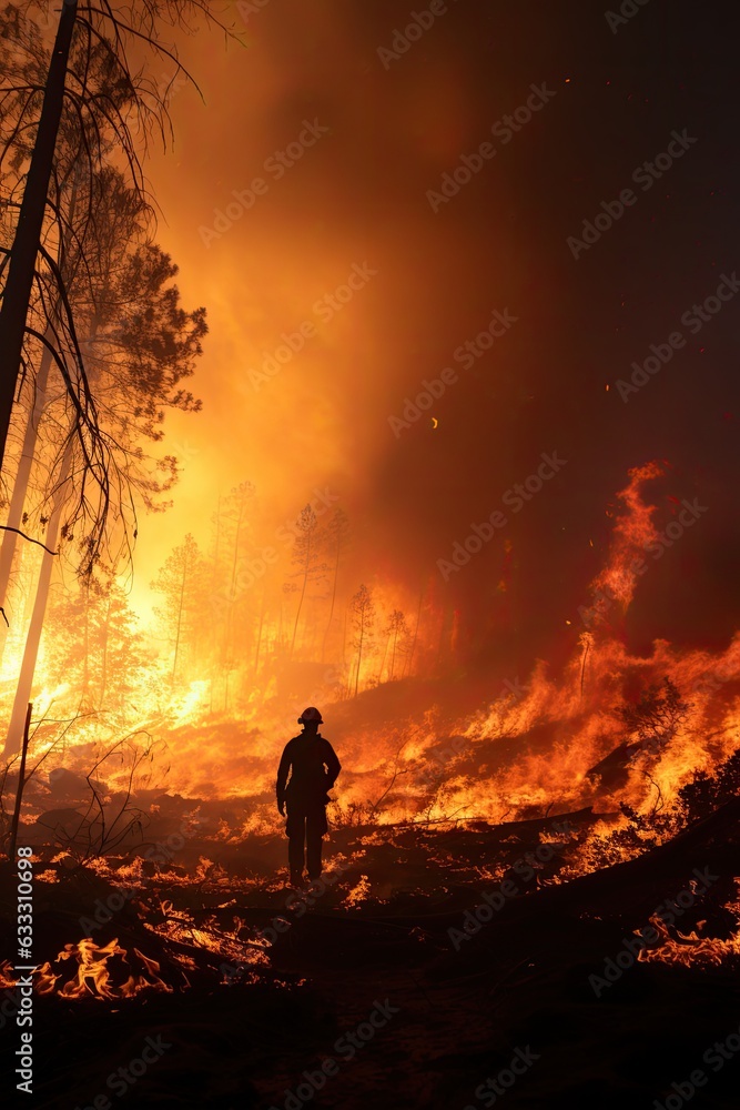 Firefighter in a forest on fire. Climate change. Social issues. 