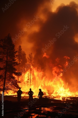 Firefighter in a forest on fire. Climate change. Social issues. 