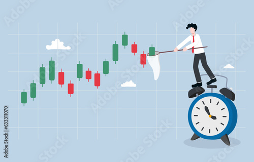 Right time to buy stock, profitable moment in stock or cryptocurrency, investment plan and decision concept, Businessman on alarm clock catching candlestick graph with insect net.