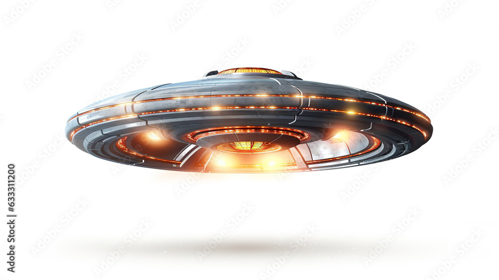 UFO on a white background. Realistic interplanetary ship. A Flying Saucer. Futuristic technological concept. Transport of the future. Digital illustration UFO on a white background. Realistic interplanetary ship. A Flying Saucer. Futuristic technological concept. Transport of the future. Digital illustration