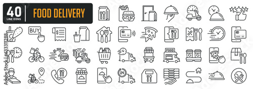 Food delivery minimal thin line icons. Related fast deslivery, courier, pizza, fast food. Editable stroke. Vector illustration.