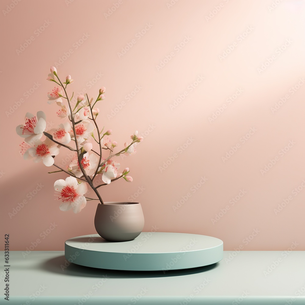 Empty round product stage with flowers. Podium, pedestal, place for product demonstration, platform. Minimal style, pastel colors