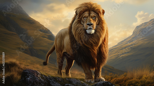 Majestic lion standing on the mountains. Generative AI