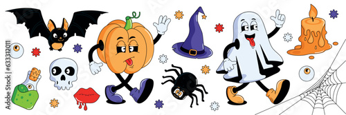 Groovy set for Halloween. Modern cartoon characters in Halloween style. Potion, pumpkin, ghost, bat, candle, spider. Fashion vector illustration in retro cartoon style.