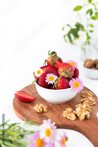 Healthy Snack with Organic Strawberries and Walnuts. Wholesome Vegetarian and Vegan Alternatives.