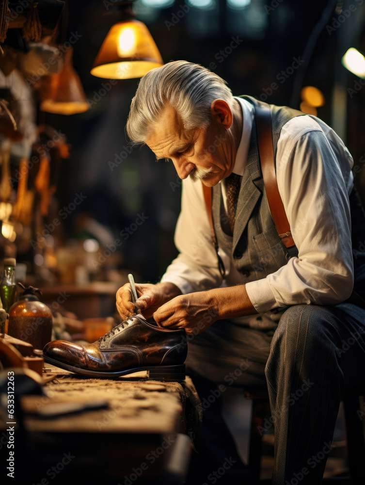 Elderly shoemaker at work in a workshop. bespoke footwear