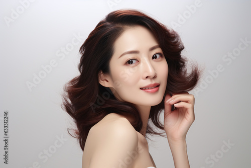 Asian woman face with smooth health skin for advertising design. Korean, Chinese or Japanese Beautiful aging young looking woman, beauty health skincare and cosmetics advertisement commercial ad