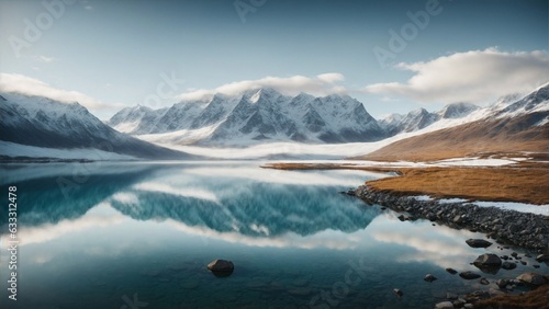 Epic panorama: snow-crowned peaks frame a serene lake, an awe-inspiring sight where nature's grandeur and tranquility converge in harmony. © Florin