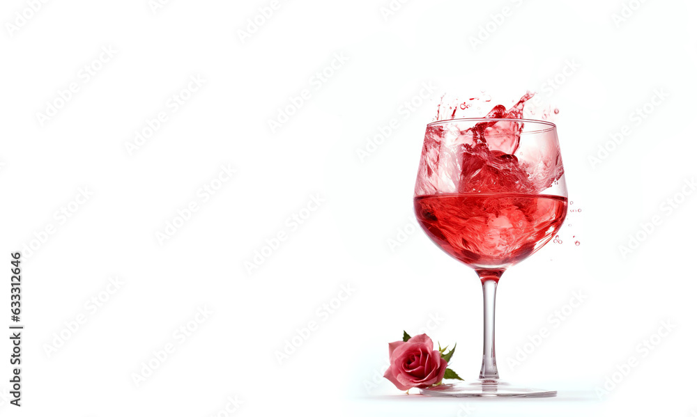 A lonely glass of rose wine on a white background. Pink drink and rose closeup with space for text. Design for postcards, invitations, wine lists. A lonely glass of rose wine on a white background. Pink drink and rose closeup with space for text. Design for postcards, invitations, wine lists.