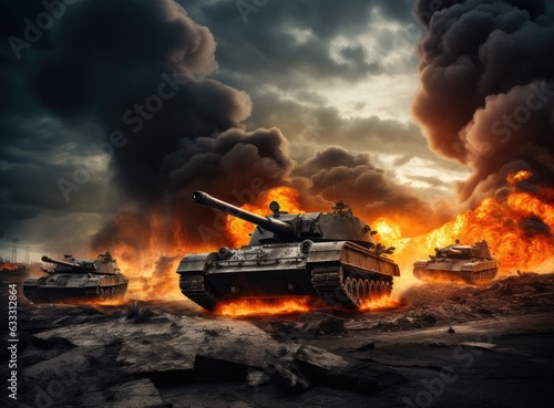 Group of main battle tanks with a city on fire on the background. One tank firing a shell from the barrel. Military or army special operation. Created with Generative AI technology.
