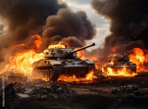 Group of main battle tanks with a city on fire on the background. One tank firing a shell from the barrel. Military or army special operation. Created with Generative AI technology. © lililia