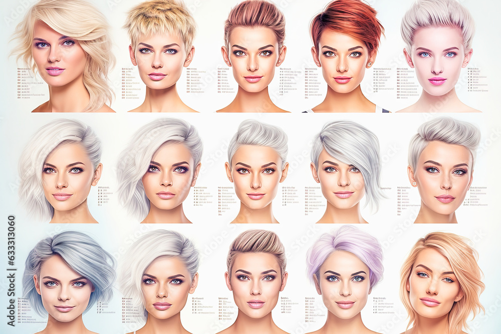Catalog with examples of women's haircuts and coloring.