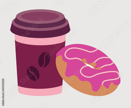 A cup of coffee with a donut with pink icing.