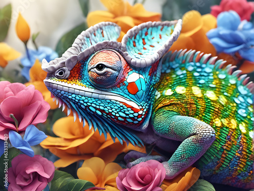colorful close-up of a chameleon with a high crest on its head. Highlight sharp focus. Blurred natural background. generative AI