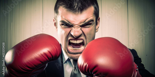 angry and aggressive business man with boxing gloves. stress and conflict at work