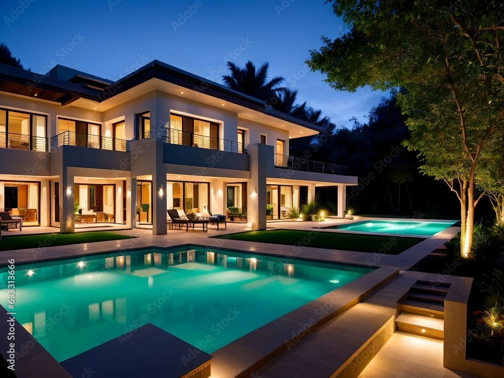 Luxury villa, beautiful villa with a pool and tropical plants at night, beautiful light.