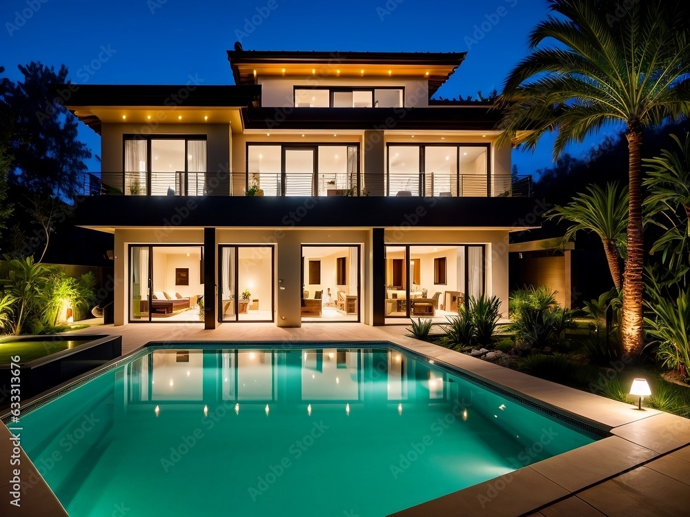 Luxury villa, beautiful villa with a pool and tropical plants at night, beautiful light.