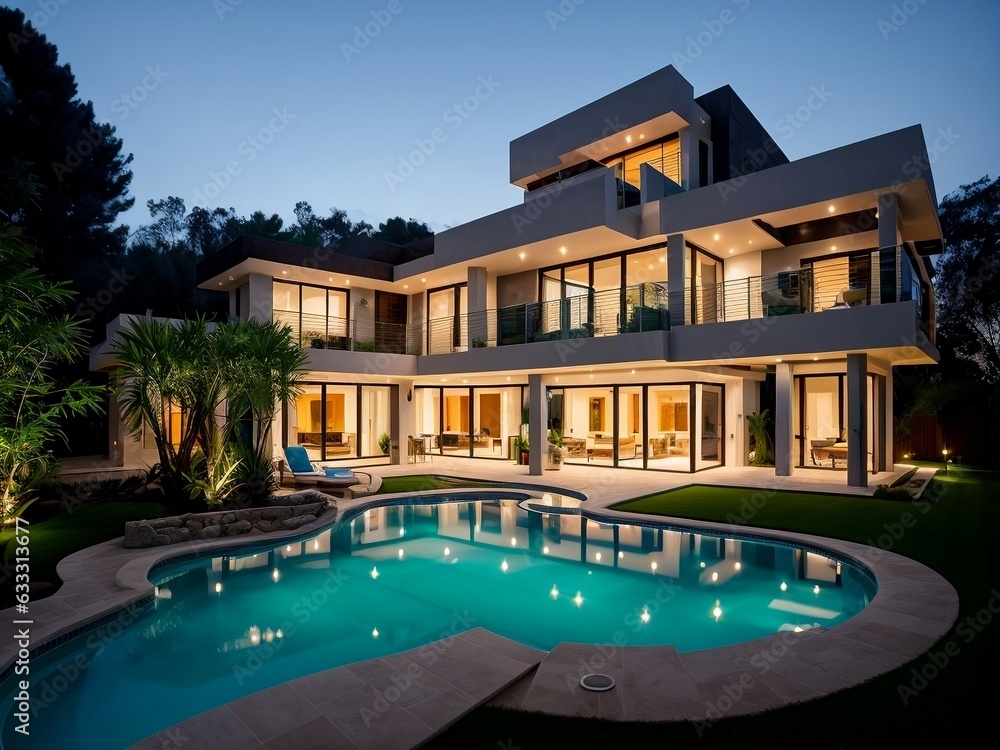 Luxury villa, beautiful villa with a pool and tropical plants at night, beautiful light. Luxury villa, beautiful villa with a pool and tropical plants at night, beautiful light.