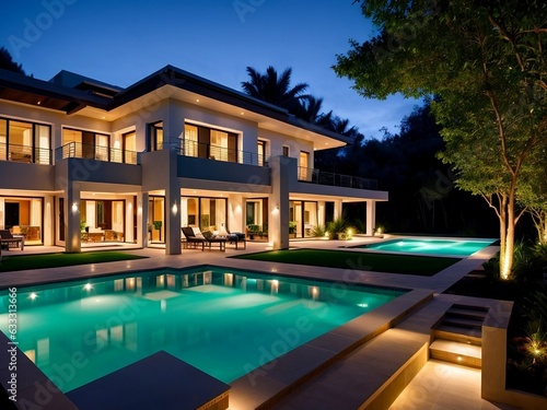 Luxury villa, beautiful villa with a pool and tropical plants at night, beautiful light. © PNG&Background Image