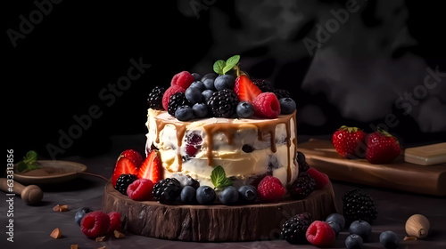 Berry cake with wrapped cream and fresh berries on a dark background. Generative AI technology. © Grycaj