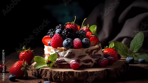 Berry cake with wrapped cream and fresh berries on a dark background. Generative AI technology.