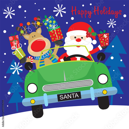 christmas card with santa and reindeer on the car