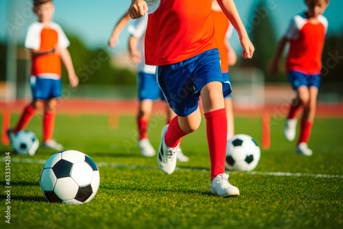 Soccer training class for kids. Children kicking a classic soccer ball in a slalom exercise.