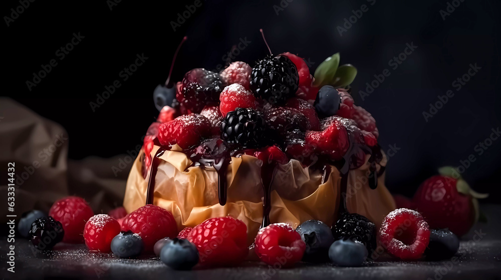 Berry cake with wrapped cream and fresh berries on a dark background. Generative AI technology.