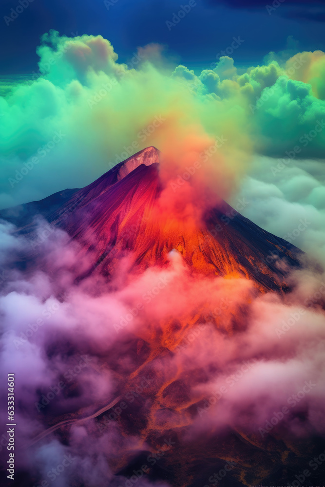 Very colorful artistic volcanic eruption landscape.  Created with Generative AI technology.