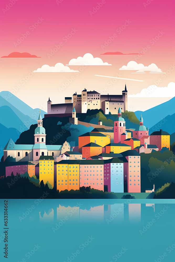 Naklejka premium Illustration of beautiful view of Salzburg, Austria