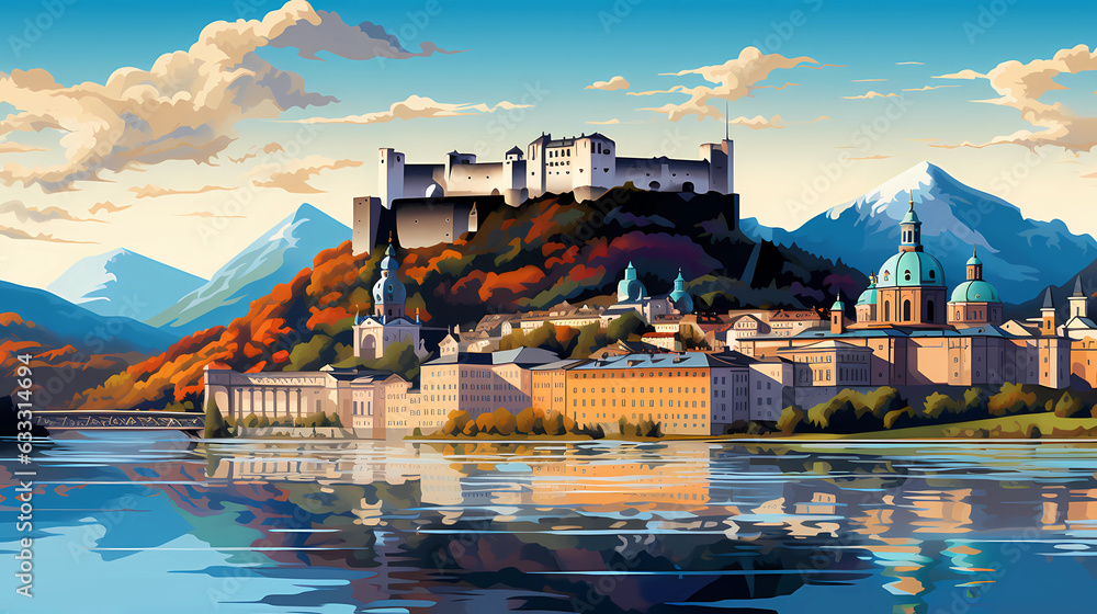 Fototapeta premium Illustration of beautiful view of Salzburg, Austria