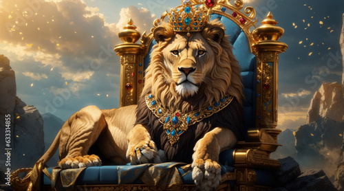 A lion with an extravagant golden crown adorned with gemstones, sitting atop a regal throne in a mythical fantasy landscape .Generative Ai