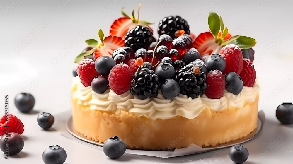 Berry cake with wrapped cream and fresh berries on a white background. Generative AI technology. Berry cake with wrapped cream and fresh berries on a white background. Generative AI technology.