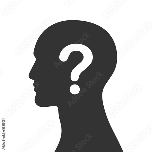 Man silhouette with question mark graphic icon. Anonymous male profile sign isolated on white background. Vector illustration