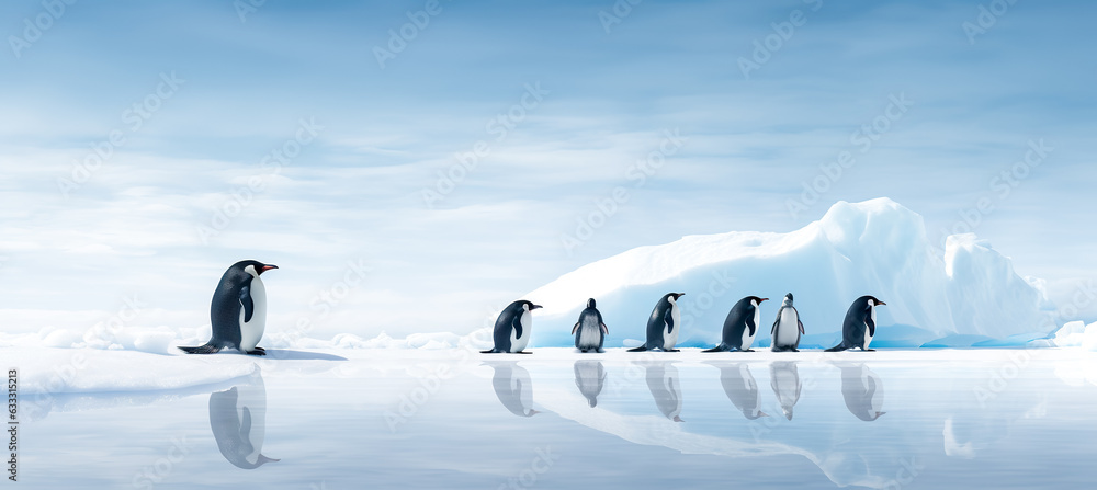 Fototapeta premium Emperor Penguins on the ice. north pole arctic with group penguins landscape