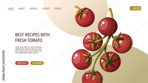 Web page with ripe tomatos on a branch. Italian food, healthy eating, cooking, recipes, restaurant menu concept. Vector illustration for banner, website, poster.