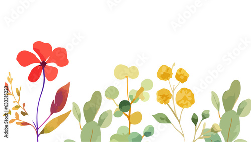 ABSTRCT illustration features assorted wildflowers, grass, and greenery—a colorful flower painting. Botanical frame, book cover, banner. Colorful floral.