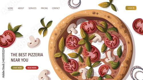 Pizza Margherita with tomatos and mozzarella. Italian cuisine, healthy food, cooking, restaurant menu, eating, recipes concept. Vector illustration for website, menu, banner.