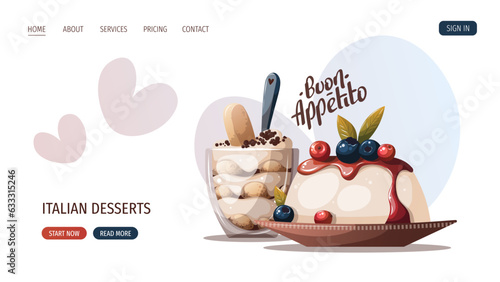 Panna cotta, Italian cake with berries and tiramisu in a glass cup. Italian dessert, sweet food, bakery, cooking, recipes, restaurant menu concept. Vector illustration.