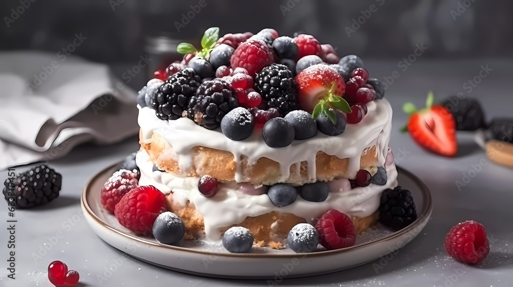 Berry cake with wrapped cream and fresh berries on a white background. Generative AI technology. Berry cake with wrapped cream and fresh berries on a white background. Generative AI technology.