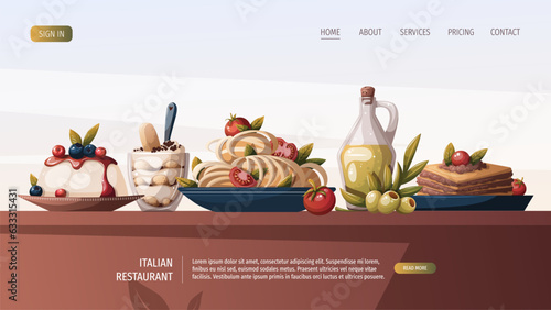 Web page with Italian pasta, lasagna, olive oil, panna cotta, tiramisu. Italian food, dessert, healthy eating, cooking, recipes, restaurant menu concept. Vector illustration for banner, website.