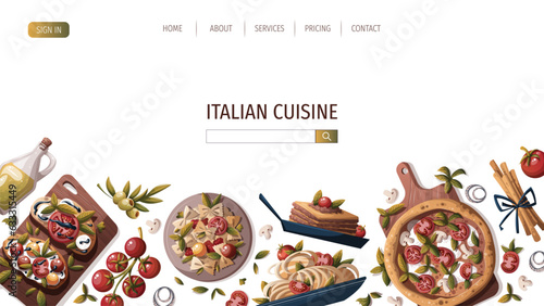 Web page with Italian pizza, pasta, bruschetta, lasagna, olive oil. Italian food, healthy eating, cooking, recipes, restaurant menu concept. Vector illustration for banner, website, poster.