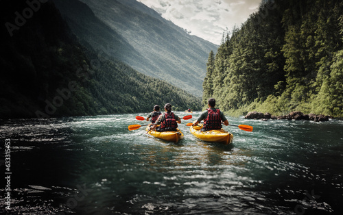 Kayakers paddling through a river or lake