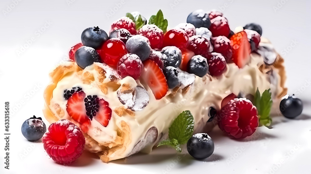Berry cake with wrapped cream and fresh berries on a white background. Generative AI technology. Berry cake with wrapped cream and fresh berries on a white background. Generative AI technology.