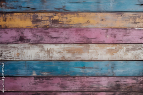 Texture old wood boards with cracked paint. Blue, orange, and purple. Horizontal background with wooden planks of different color. 