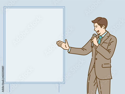 A young businessman speaking to a screen. Announcer. A teacher.