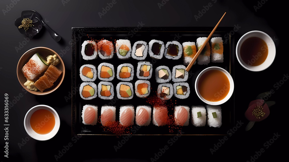 Black surface, sushi on tray, sauce, sushi chopsticks, top down view