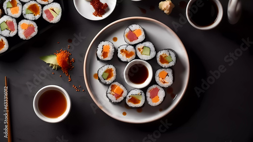 Black surface, sushi on tray, sauce, sushi chopsticks, top down view. Generative AI technology.